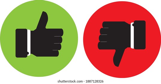 Pulgares hacia arriba y pulgares hacia abajo de una mano con ropa de negocios en un fondo verde y rojo. Ilustración, icono, gráfico vectorial, símbolo. Sin fondo, blanco como signo para la aprobación OK, positivo.