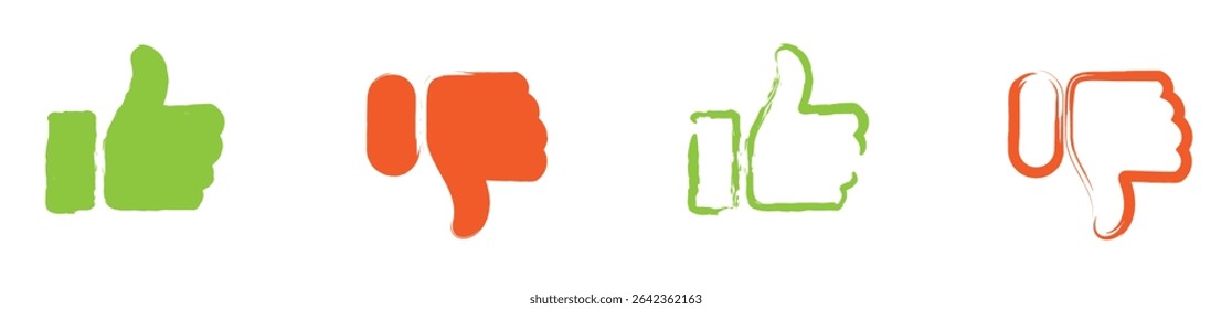 Thumbs up and thumbs down hand gesture icons in bold and outline brush stroke styles, perfect for feedback or approval UI elements.