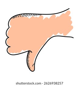 Thumbs down hand gesture vector isolated. Hand-drawn illustration of a palm of hand. Doodle symbol for no, dislike or negative emotion. Finger down.