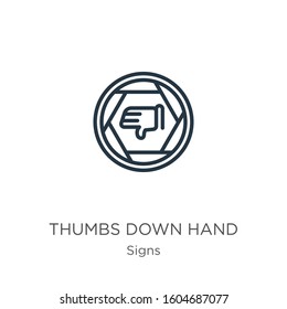 Thumbs down hand icon. Thin linear thumbs down hand outline icon isolated on white background from signs collection. Line vector sign, symbol for web and mobile