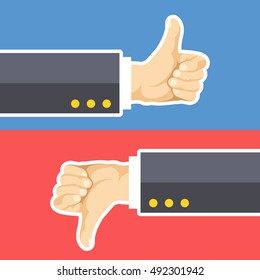 Thumbs up and thumbs down. Hands with like and dislike isolated on blue and red backgrounds. Modern concept. Cartoon thin white line flat design. Vector illustration