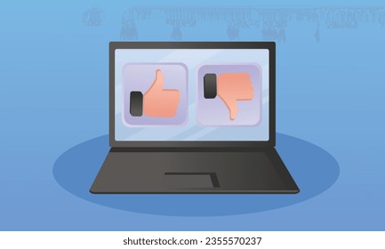 Thumbs Up and Thumbs Down Hands on Computer.on blue background.Vector Design Illustration.