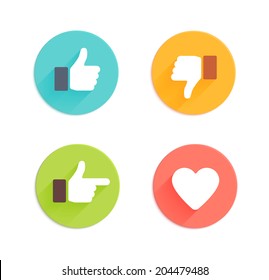 Thumbs up and down, heart signs on colorful round flat vector icons. Simple buttons with user feedback for social network, mobile app or web site design - Shutterstock ID 204479488