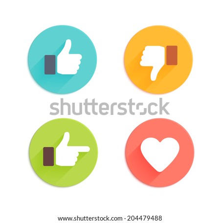 Thumbs up and down, heart signs on colorful round flat vector icons. Simple buttons with user feedback for social network, mobile app or web site design Foto d'archivio © 