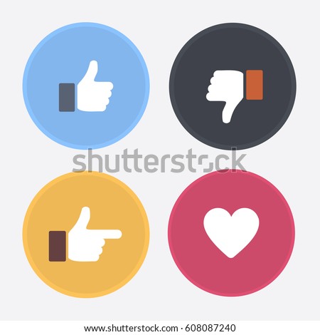 Thumbs up and down, heart signs on colorful round flat vector icons. Simple buttons with user feedback for social network, mobile app or web site design