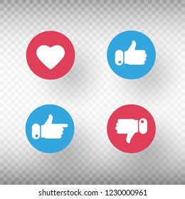 Thumbs up and thumbs down, heart signs set. Like symbol. Social media element. Bright buttons with user feedback for social network, mobile app or web site design. Vector iilustration.