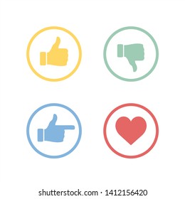 Thumbs up and down, heart signs. Simple buttons with user feedback for social network, mobile app or web site design. Vector illustration. - Vector

