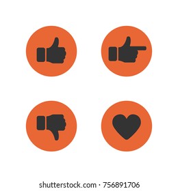 Thumbs up and down, heart signs. Simple buttons with user feedback for social network, mobile app or web site design. Vector illustration.