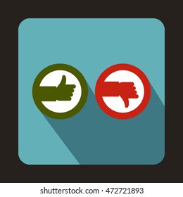 Thumbs up and down icon in flat style on a baby blue background