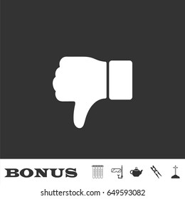 Thumbs down icon flat. White pictogram on black background. Vector illustration symbol and bonus icons