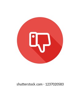 Thumbs down icon in red with long shadow effect, unlike symbol. Simple, flat design, Solid icons style for business, social media, web and mobile app navigation (UI and UX).
