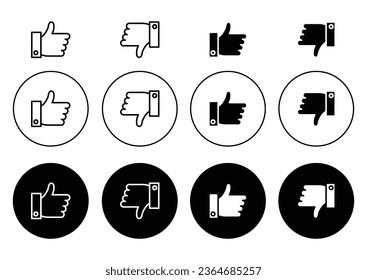 Thumbs up and thumbs down icon set in black filled and outlined style. suitable for UI designs