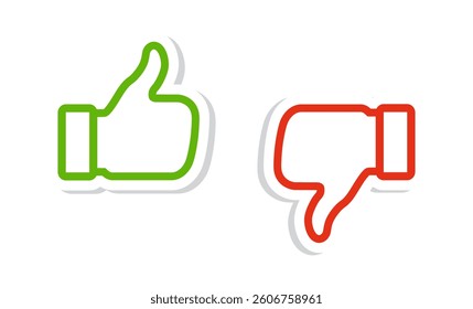 Thumbs up and thumbs down icon set. Like and dislike symbols in green and red colors. Rating and feedback. Do and Don't icons. Vector stickers.