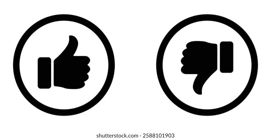 Thumbs up and thumbs down icons in black circle outline, positive and negative feedback symbols, like and dislike signs for approval rating. Feedback and rating thumbs up and thumbs down icons set. 