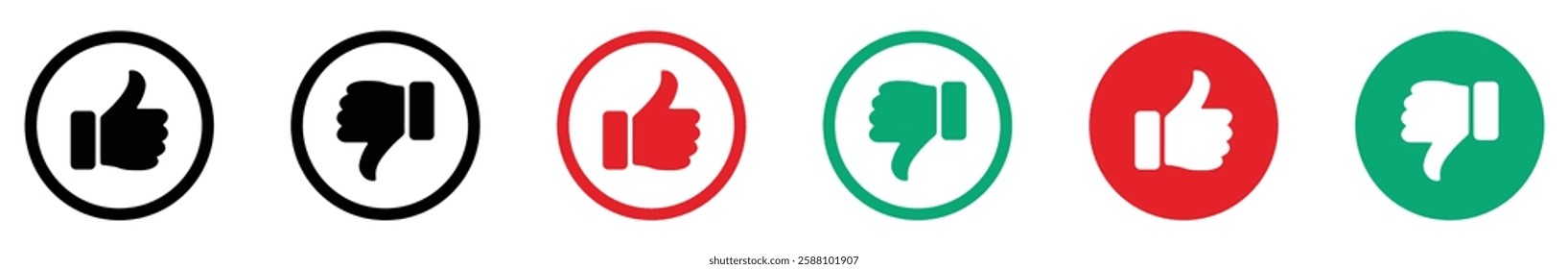 Thumbs up and thumbs down icons in black, red, and green circles, symbolizing approval and disapproval, feedback, voting, and rating system. Feedback and rating thumbs up and thumbs down icons set. 