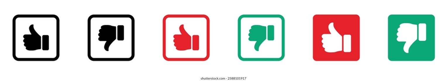 Thumbs Up and Down Icons in Black, Red, and Green Square Frames Representing Like and Dislike Feedback Symbols for Reviews and Ratings. Like dislike icon set. Thumb up down vector icon. 