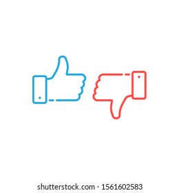 
Thumbs up and down icons. Blue button, red button. Simple linear stroke, outline style. Set of vector line icons isolated on white background.