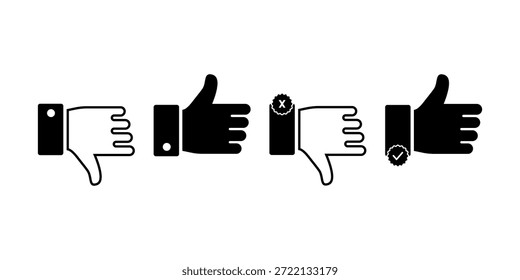 Iconos de pulgares hacia arriba y hacia abajo: simbolos de Comentarios de me gusta y no me gusta con cheque aprobado e insignias cruzadas rechazadas Vector