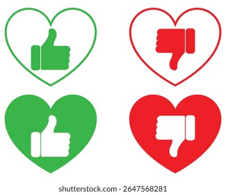 Thumbs up and thumbs down icons set. Like and dislike vector collection on white background.