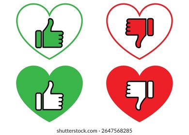 Thumbs up and thumbs down icons set. Like and dislike vector collection on white background.