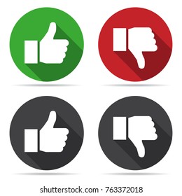 Thumbs up and thumbs down icons with shadow in a flat design