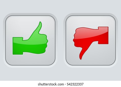 Thumbs up and thumbs down icons. White square buttons. Vector illustration.