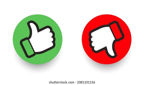 Thumbs up and thumbs down, like and deslike symbos. Green and blue buttons. Vector design