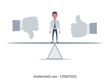 Thumbs up and thumbs down, like and dislike concept. Businessman standing on seesaw. Vector flat design illustration.