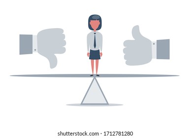 Thumbs up and thumbs down, like and dislike concept. Woman standing on seesaw. Vector flat design illustration.