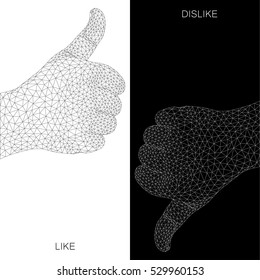Thumbs up and thumbs down. Like and dislike concept. Symbol. Vector Illustration. Hands in actions. Triangle design.
