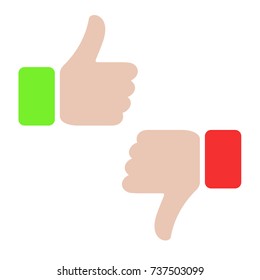 Thumbs Up And Thumbs Down, Like And Dislike Concept. Love, Hate, For Against, True, False, Yes, No. Red And Green Design. Illustration Symbol Of Hand Success Or Fail. Social Icon.