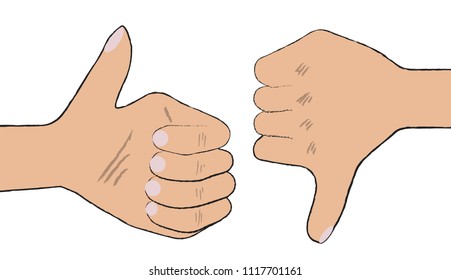 Thumbs up and Thumbs down. Like and dislike hands. Vector flat cartoon illustration.