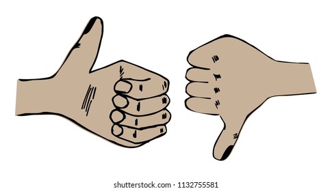 Thumbs up and Thumbs down. Like and dislike hands. Vector flat cartoon illustration.