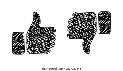 Thumbs up and thumbs down. Like and dislike icons. Simple doodle thin line design. Hand drawn. Vector illustration