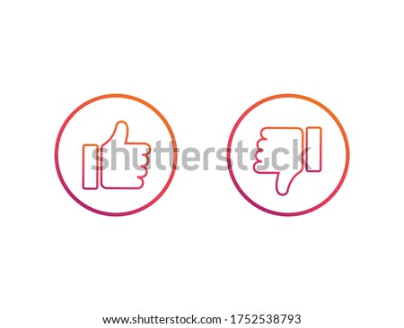 Thumbs up and down. Like and dislike symbol. Social network style in colorful rainbow design. Isolated yes and no sign. Finger up and down. Positive and negative choice. Agree and disagree. EPS 10.