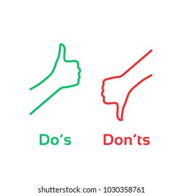 thumbs up or down like dos and donts. concept of poor or fine attitude and great or not nice idea. flat linear simple thumb up symbol minimal unhappy logo element set graphic design isolated on white