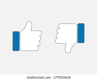 Thumbs up and down. Like and unlike fingers in blue flat design. Positive and negative symbol. Approve and regect sign. Outline ok and no icons. Isolated social media thumbs. Vector EPS 10