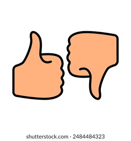 Thumbs up and thumbs down line icon. Approval, disapproval, feedback, like, dislike, rating, evaluation, choice, decision, opinion, judgment, assessment, review, agree, disagree, vote, expression