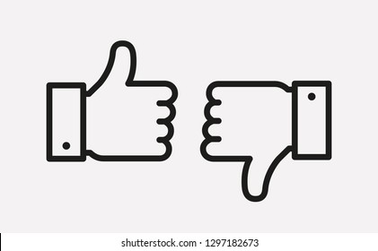 Thumbs up and thumbs down line icons isolated on white background. Hands showing Like and Dislike signs. Vector outline symbols.