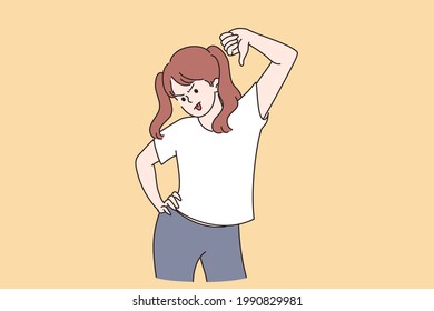 Thumbs down and negative expression concept. Young dissatisfied girl teen cartoon character standing showing thumbs down sign with fingers feeling anger vector illustration 