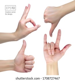 Baja el dedo, bien, rock, como signos. La mano de una mujer sobre un fondo blanco muestra signos. Ilustración vectorial 3D realista en formato EPS10.