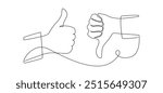 Thumbs up and down in one continuous line drawing. Hand showing like and dislike in simple linear style. Positive and negative finger in editable stroke. Doodle contour vector illustration