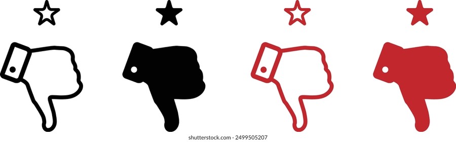 Thumbs down with one star satisfaction rating. Set of customer experience flat vector icons on transparent background