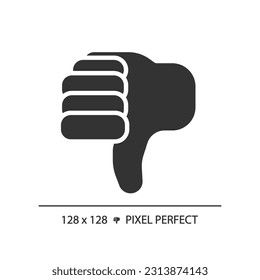 Thumbs down pixel perfect black glyph icon. Negative evaluation of product. Performing bad customer experience. Silhouette symbol on white space. Solid pictogram. Vector isolated illustration