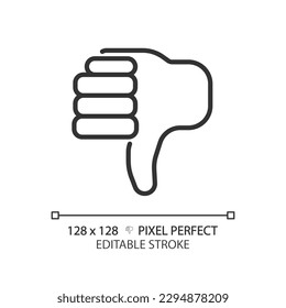 Thumbs down pixel perfect linear icon. Negative evaluation of product. Performing bad customer experience. Thin line illustration. Contour symbol. Vector outline drawing. Editable stroke