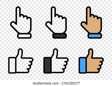 Thumbs up and down with pointing finger. Like and dislike vector icons, isolated. Like or Thumb up and down with pointing finger in linear design. Thumb up. Dislike icon. Vector illustration