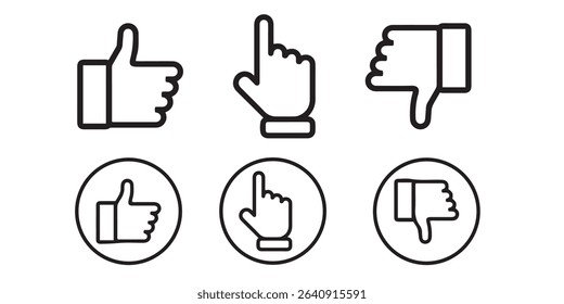 Thumbs up and down with pointing finger. Like and dislike vector icons, isolated. Like or Thumb up and down with pointing finger in linear design. Thumb up. Like. Dislike icon.
