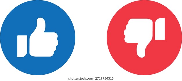 Conjunto de iconos de Aprobación de pulgares hacia arriba y pulgares hacia abajo en estilo circular azul y rojo que representa la desaprobación y la desaprobación, ideal para sistemas de Comentarios de redes sociales, interfaces de votación, características de calificación y proyectos modernos de diseño de interfaz de usuario de Web o móvil.
