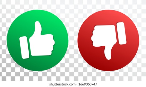 	
Thumbs up thumbs down red and green isolated vector like dislike social media signs. Recommendation icons, good and bad choice labels. Vote web buttonswith with man hand. Social media like icons.