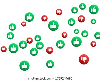 Pulgares arriba hacia abajo hacia un vector aislado rojo y verde como si no le gustaran los signos de los medios sociales dispersos. Iconos de recomendación, etiquetas de buena y mala elección. Vota los botones web con la mano del hombre. A los medios sociales les gustan los íconos.